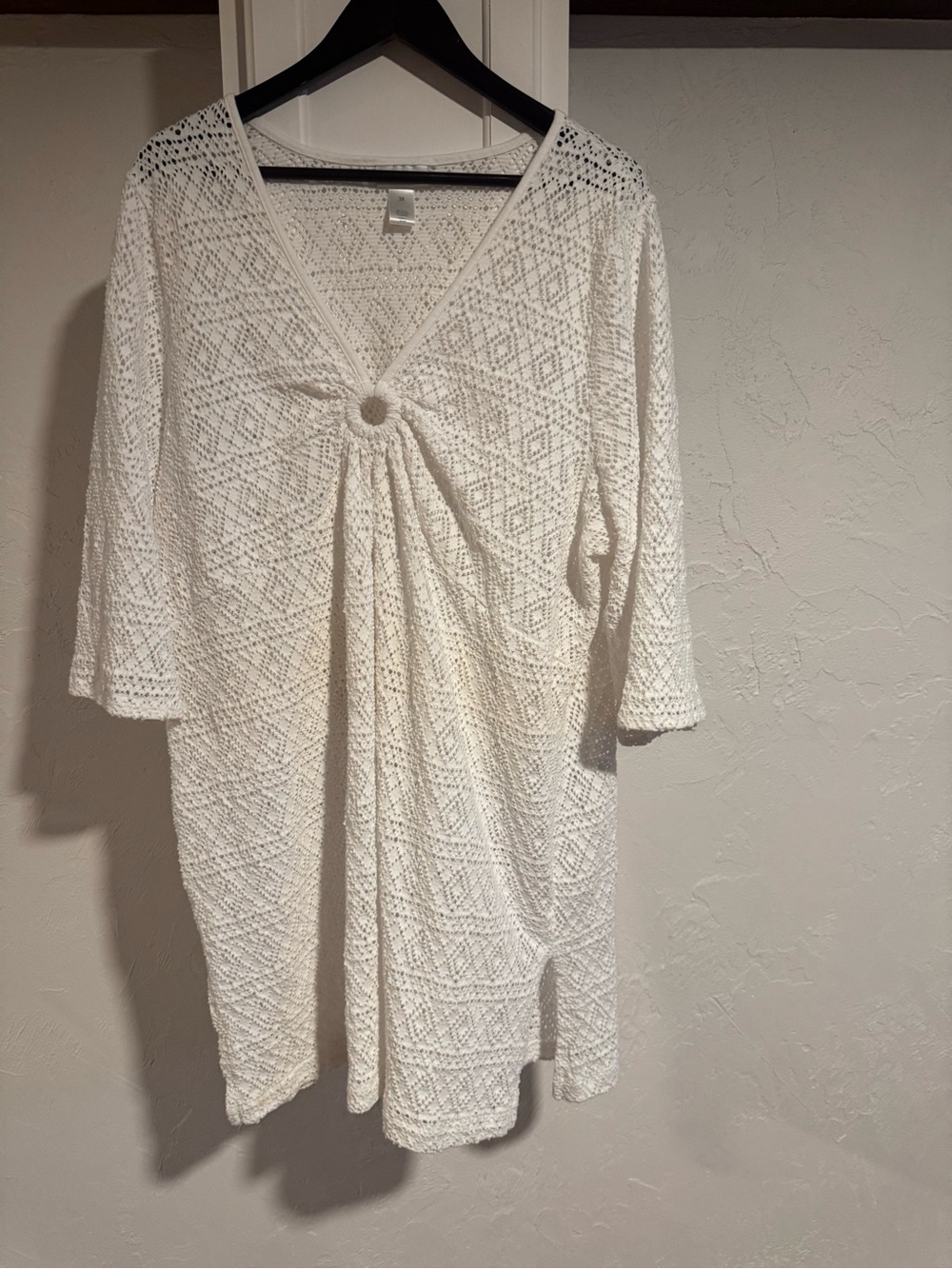 Crochet Knit V-Neck Tunic with Ring Detail - White women’s  3x